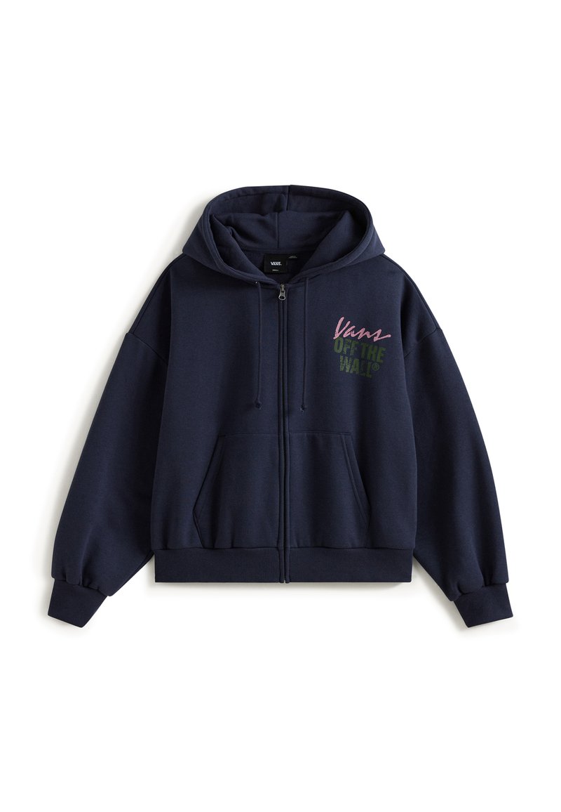 Felpa con zip di colore blu navy realizzata in tessuto misto cotone. Presenta una tasca frontale a marsupio e il logo multicolore "Vans Off The Wall" sul petto.