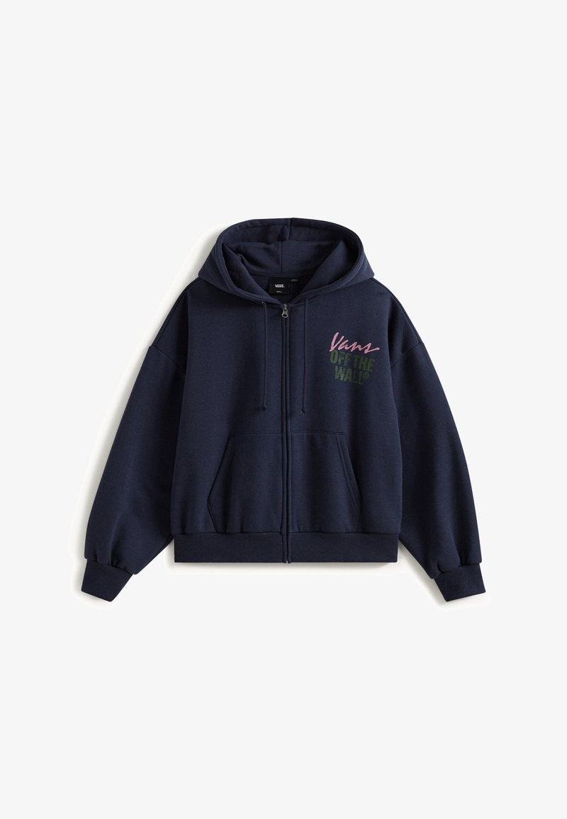 Marineblå zip-up hættetrøje lavet af bomuldsblandingsstof. Har en frontkangaroo-lomme og multikolor "Vans Off The Wall" logo på brystet.