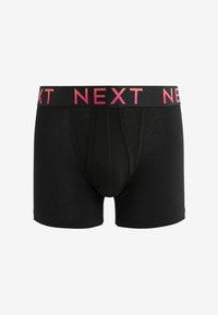 Mustad musta värvi bokserid, mis on valmistatud pehmest kangast, paistavad roosa "NEXT" logo elastsel vöö kohal ja neil on sobiv disain koos taskuga.