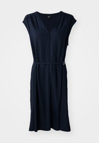 Navy blue dress featuring a V-neck, short sleeves, and a belted waist with silver hardware. Made from soft fabric with a smooth texture.