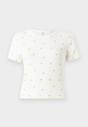 Tricou alb cu mânecă scurtă, fabricat din material ribbed, având un model dispersat de ananas galbeni mici cu frunze verzi.