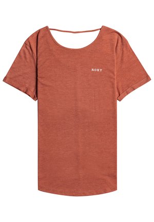Rust-colored t-shirt made of soft fabric, features a scoop neckline and short sleeves, with a small white "ROXY" logo on the front.