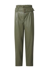 Olijfgroene neplederen broek met een hoge taille, plooien en een riem met een vierkante gesp. Soepele textuur, taps toelopende pijpen en geen zakken.