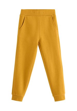 Yellow sweatpants with a ribbed waistband, two side pockets, and fitted cuffs at the ankle. Smooth texture without any visible patterns.