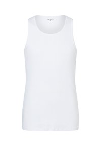 Witte katoenen tanktop met een ronde halslijn en wijde armsgaten. Gladde textuur, aansluitende silhoecht en minimale branding op de nek.