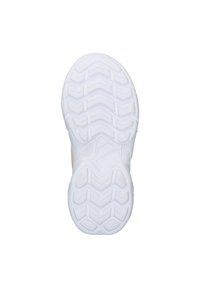 Weiße Sportschuhsohle mit strukturiertem Profil, das Zickzack-Rillen, eine runde Zehenform und eine gepolsterte Ferse zur Unterstützung aufweist.