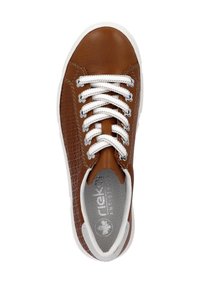 Brown leather sneaker with textured side, white laces, and a cushioned insole. Features a rounded toe and white rubber sole.