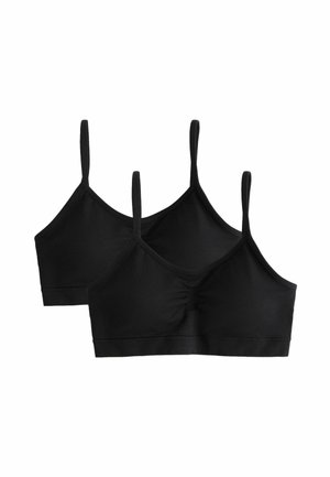 Două bralete negre fără cusături, cu bretele subțiri și un detaliu ușor adunat în fața centrului, afișate pe un fundal alb.