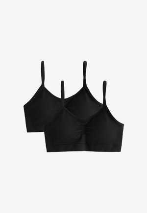 Twee zwarte, naadloze bralettes met dunne bandjes en een subtiele geplooide detail in het midden vooraan, weergegeven op een witte achtergrond.