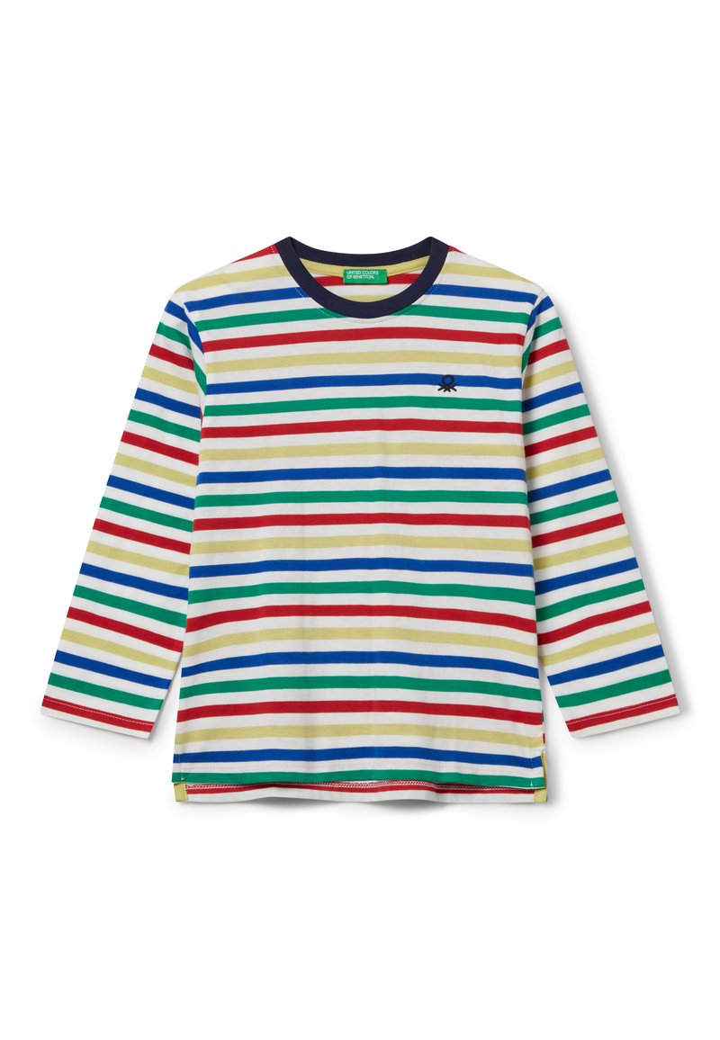 Dlouhý rukáv tričko krémové barvy s barevnými horizontálními pruhy (červená, zelená, modrá, žlutá). Disponuje námořnickým límečkem a malým logem na hrudi.