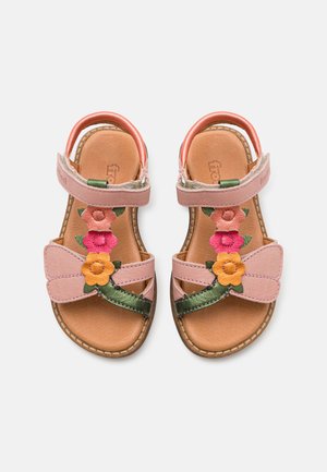 Rosa Leder-Sandalen mit floralen Verzierungen in Rot, Rosa und Orange. Verfügt über verstellbare Riemen und eine glatte braune Innensohle.