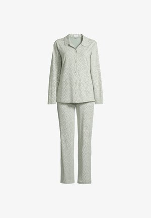 Ljusgrön pyjamasuppsättning med långärmad skjorta med knappar och matchande byxor, båda med vit prickig mönster och mjuk tygstruktur.