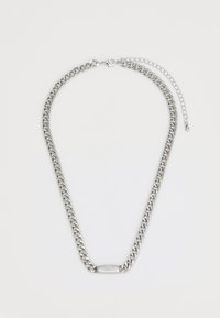 Zilveren metalen ketting met grote in elkaar grijpende schakels, voorzien van een gladde ovale accenten en een verstelbare sluiting met verlengkettinkje.