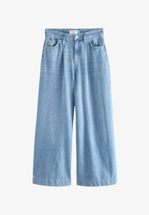 Jeans palazzo in denim azzurro chiaro con gambe larghe, caratterizzati da una vita alta, tasche frontali e chiusura con bottone. Textura leggermente sbiadita.