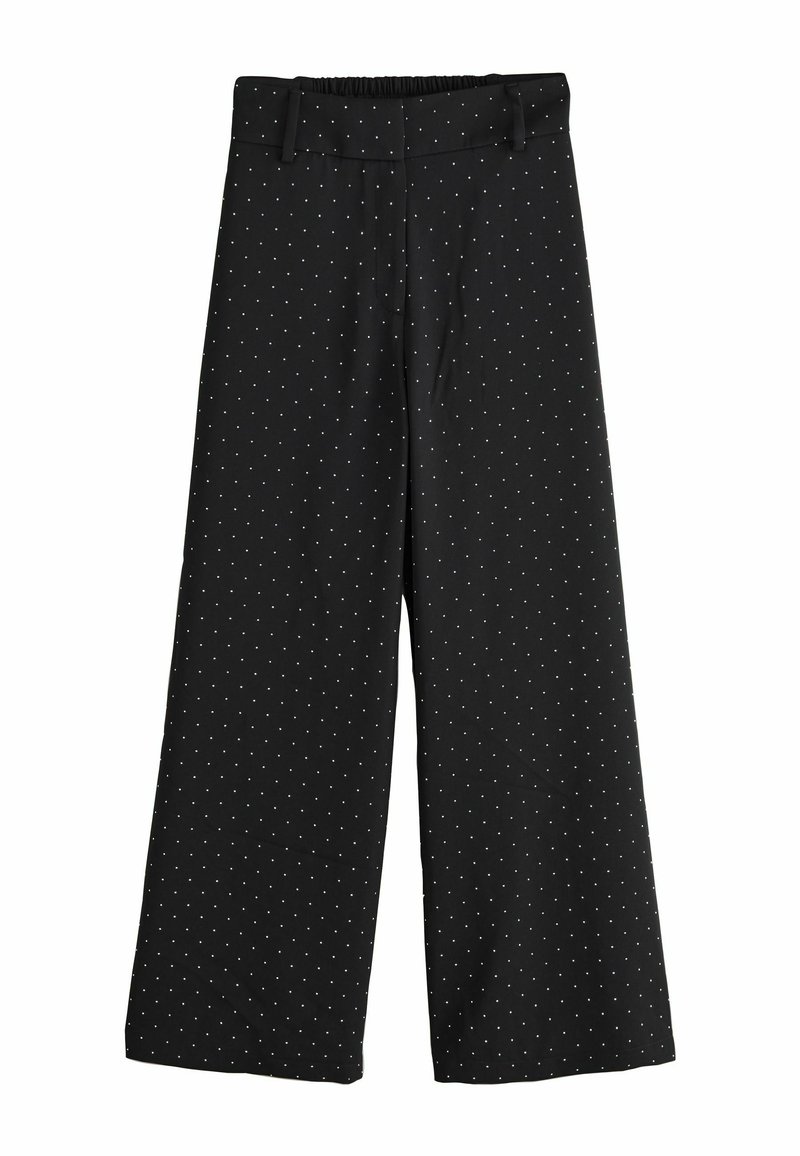 Schwarze, weit geschnittene Hosen mit weicher Textur, die ein weißes Punktemuster aufweisen, einen elastischen Taillenbund und vordere Taschen haben.