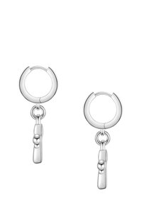 Strieborné kruhové náušnice s okrúhlym dizajnom, s visiacim prvkom. Kov má lesklý povrch a hladkú textúru.