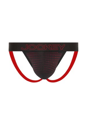 Schwarzer und roter Herren-Jockstrap mit perforierter Fronttasche und roten elastischen Trägern, mit "Jockey"-Marke am Bund.