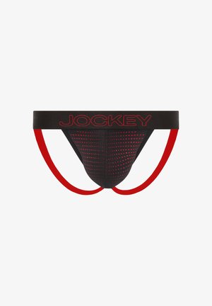 Schwarzer und roter Herren-Jockstrap mit perforierter Fronttasche und roten elastischen Trägern, mit "Jockey"-Marke am Bund.