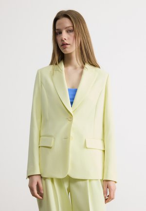 Mladá žena s dlhými vlasmi, oblečená v bledozltej saku a zodpovedajúcich nohaviciach, s modrým topom, na jednoduchom pozadí.