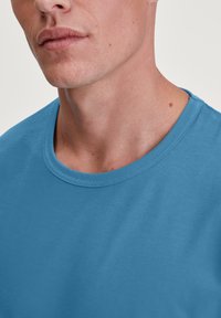 Lichtblauw katoenen T-shirt met een ronde hals en korte mouwen, met een gladde textuur en een minimalistisch ontwerp.