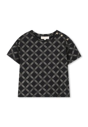 T-shirt noir à manches courtes avec un motif géométrique blanc répétitif. Éléments de bouton aux épaules. Tissu doux et lisse.