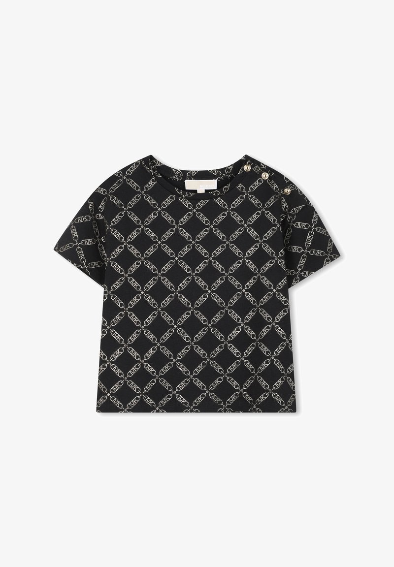 Black short-sleeve t-shirt with a repeating white geometric pattern. Features button accents at the shoulder. Soft, smooth fabric.