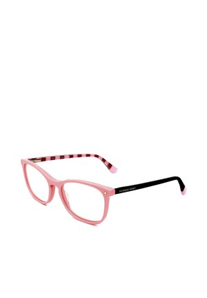 Occhiali rettangolari rosa e neri con lenti trasparenti, aste interne a righe e un piccolo dettaglio a stella nell'angolo superiore della montatura.
