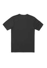 Camiseta de algodón negra, de manga corta, cuello redondo, color liso, textura suave, sin patrones ni gráficos visibles en la parte posterior.