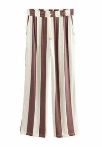 Gestreifte, weit geschnittene Hose aus einem weichen Stoff, mit einem elastischen Bund und Kordelzug, sowie vertikalen Streifen in Burgunderrot und Creme.
