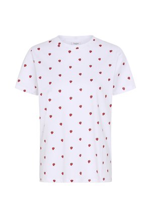 Biele tričko s krátkymi rukávmi s rozptýleným vzorom malých červených jahôd.