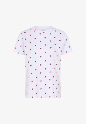 Balta īss piedurkņu T-krekls ar izkaisītu sarkanu mazu zemeņu rakstu.