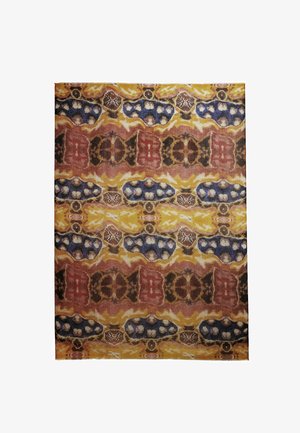 Woven textile featuring a vibrant pattern with shades of yellow, red, blue, and brown, incorporating abstract shapes and textures.