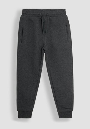 Temno sivi trenirki iz mehkega blaga z elastičnim pasom, vrvico in dvema sprednjima žepoma. Manšete na gležnjih.