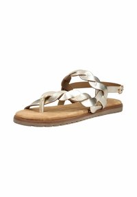 Flad sandal med metallisk flettede remme, polstret tan fodseng, justerbar ankelrem og rillede brune gummisål.
