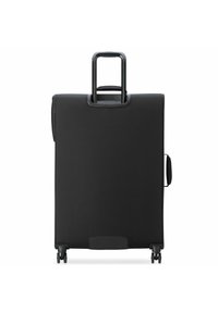 Valigia da viaggio nera con scocca rigida, manico estraibile, due ruote e una maniglia laterale per un facile trasporto. Design fluido e minimalista.