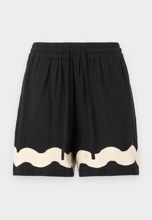 Zwarte korte broek met elastische tailleband en aantrekkoord, met een witte golvende bies langs de zoom.