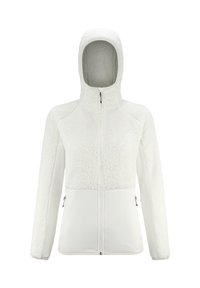 Biała kurtka z pełnym zamkiem i kapturem, z polarowym górnym materiałem ciała i rękawami, gładkim dolnym materiałem ciała oraz zamykanymi na zamek kieszeniami po bokach, wyeksponowana na białym tle.