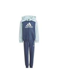 Chándal de Adidas que incluye una chaqueta con capucha azul marino y mangas azul claro, junto con pantalones a juego, fabricado en un tejido suave y con acentos de logo.