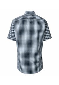 Heren overhemd met korte mouwen in een marineblauw en wit geruit patroon, van achteren getoond met een klassieke kraag.