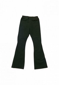 Pantaloni neri a vita alta con gambe ampie e svasate, ripiegati su uno sfondo bianco.