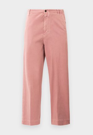 Pink straight-leg pants with button and zipper closure, belt loops, and side pockets on a plain white background.