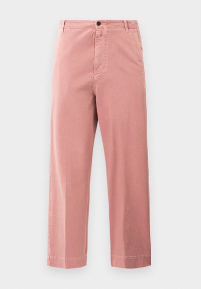 Pink straight-leg pants with button and zipper closure, belt loops, and side pockets on a plain white background.