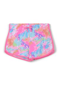 Costumi da bagno con un motivo astratto multicolore in rosa, blu e arancione, con cordino rosa e vita elasticizzata.