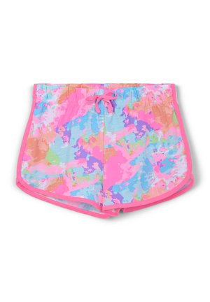Costumi da bagno con un motivo astratto multicolore in rosa, blu e arancione, con cordino rosa e vita elasticizzata.