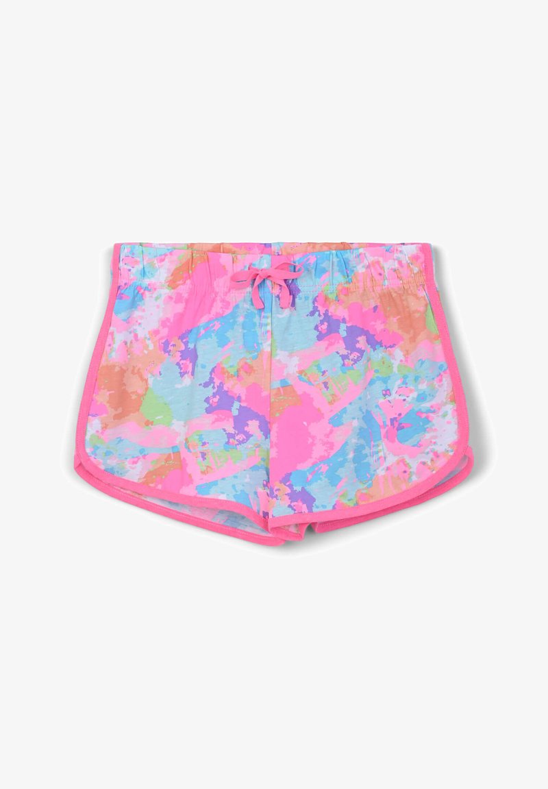 Costumi da bagno con un motivo astratto multicolore in rosa, blu e arancione, con cordino rosa e vita elasticizzata.