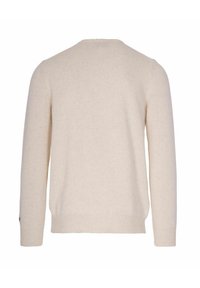Maglione leggero beige realizzato in tessuto morbido, con colletto tondo e polsini a coste, caratterizzato da una sottile texture e privo di motivi o decorazioni visibili.