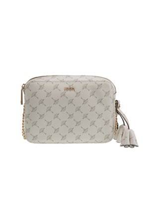 White rectangular crossbody bag with patterned texture, gold logo "LOOP!" and tassel detail on the side with a gold chain strap.