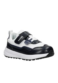 Weißer und marineblauer Sportschuh mit einem Obermaterial aus Mesh, Lederakzenten, runder Zehenpartie, verstellbarem Klettverschluss und texturiertem Gummisohle.