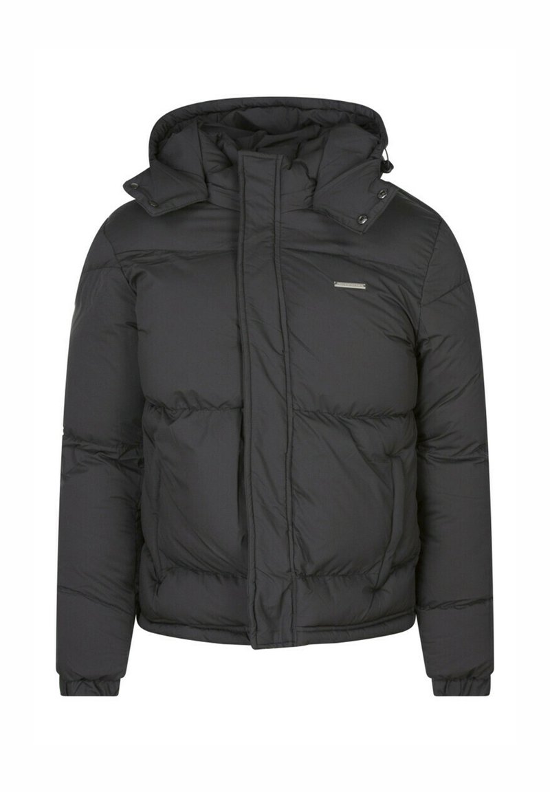 Veste matelassée noire avec fermeture éclair à l'avant, design rembourré, capuche ajustable et petit logo en accent sur la poitrine.