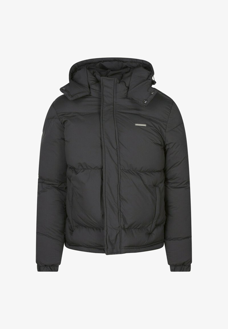 Veste matelassée noire avec fermeture éclair à l'avant, design rembourré, capuche ajustable et petit logo en accent sur la poitrine.